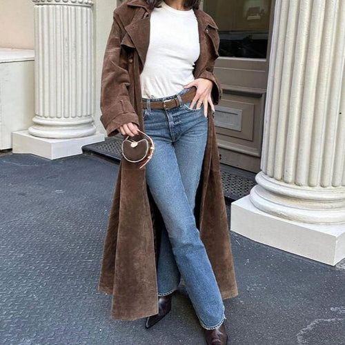 Damen Eleganter Wildleder-Trenchcoat mit tailliertem Schnitt und abnehmbaren Gürtel EB