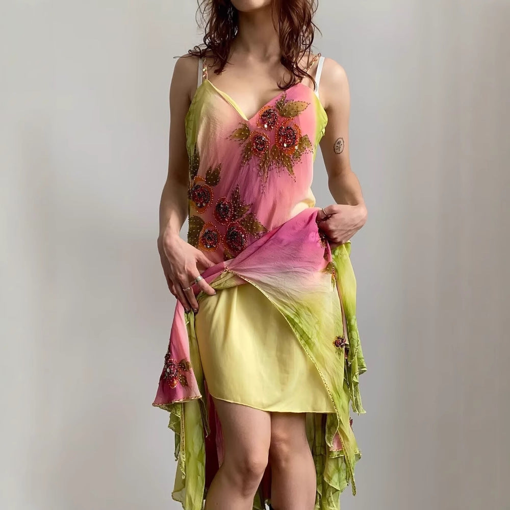 Damen asymmetrisches Sommerkleid mit floralem Design und zarten Spaghettiträgern EB