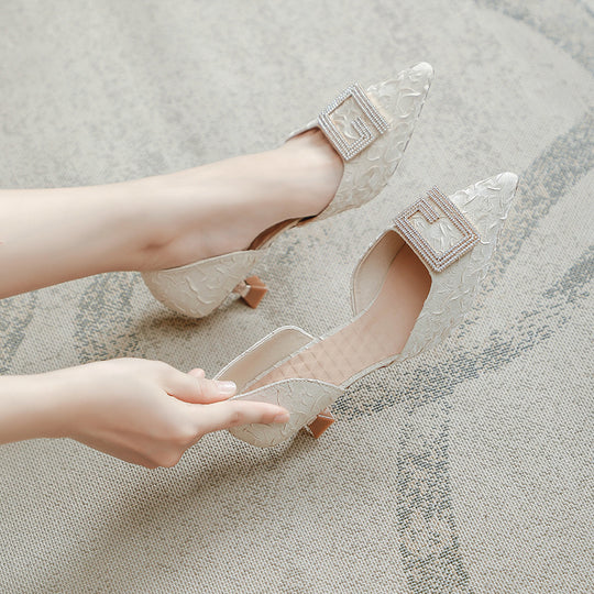 Damen elegante Sling-Pumps mit kunstvollem Blumenrelief und funkelndem Schmuck EB
