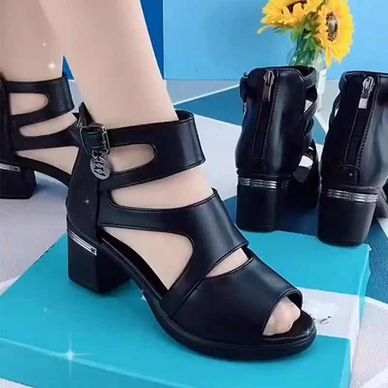 Damen modische Sandaletten mit komfortablem Blockabsatz und doppeltem Riemendesign EB