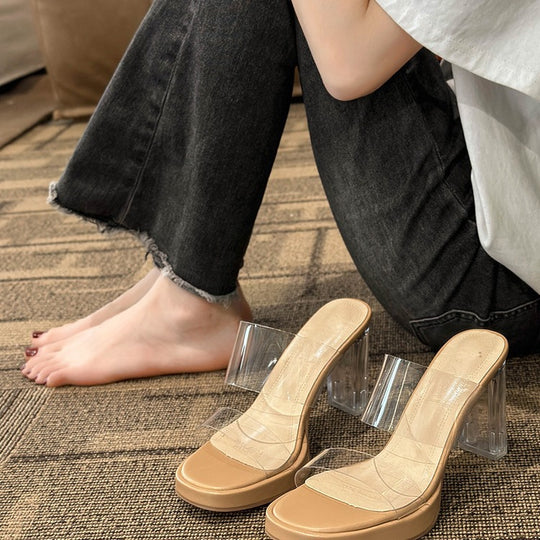 Damen transparente Mules mit blockiertem Absatz EB