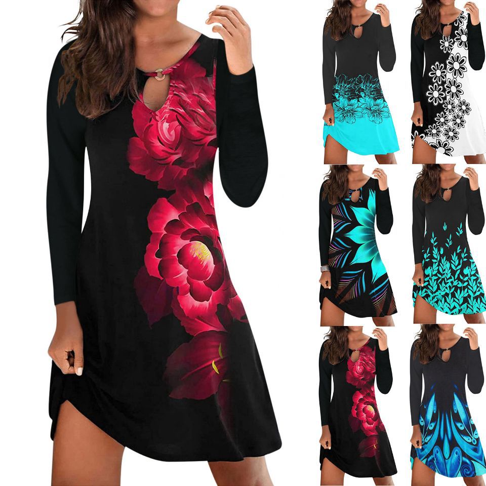 Damen Freizeitkleid mit stylischem V-Ausschnitt und buntem Floralprint EB