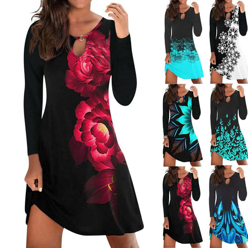 Damen Freizeitkleid mit stylischem V-Ausschnitt und buntem Floralprint EB
