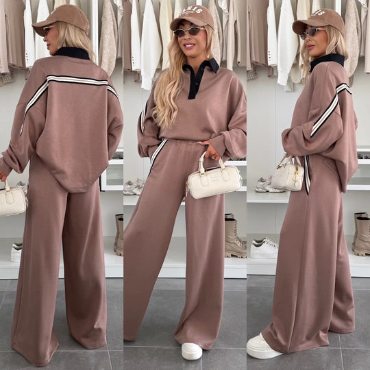 Damen modisches Relax-Set mit Polokragen, markanten Paspelstreifen und weitem Palazzo-Jogger EB