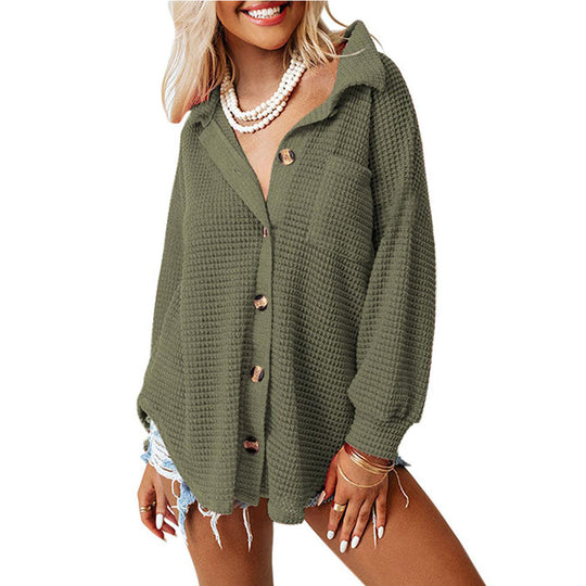 Damen lässige Waffelstruktur-Hemdjacke mit Knopfleiste EB