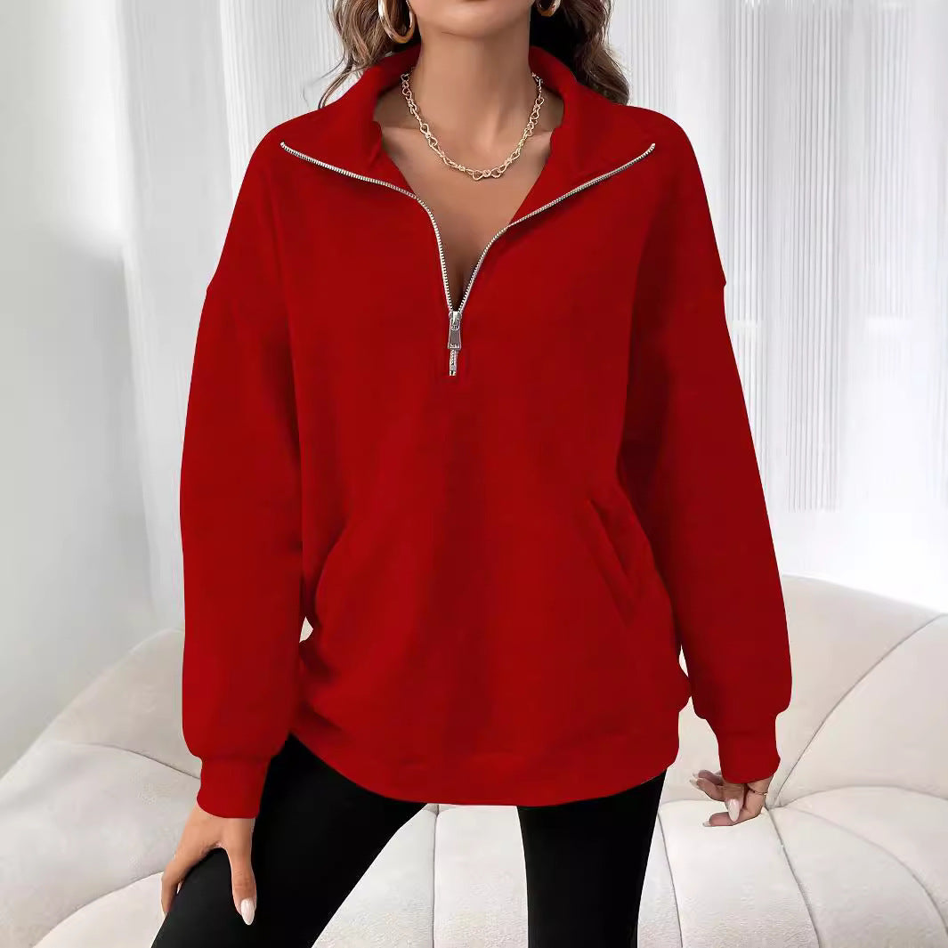 Damen Freizeitlicher Pullover mit kurzem Reißverschluss und Kängurutasche EB