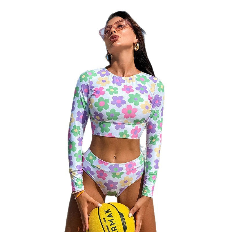 Damen Sport-Bikini mit Langarm und floralem Muster EB