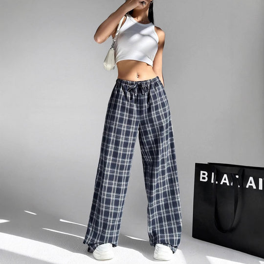 Damen Weit geschnittene Karohose mit elastischem Bund und praktischen Taschen EB