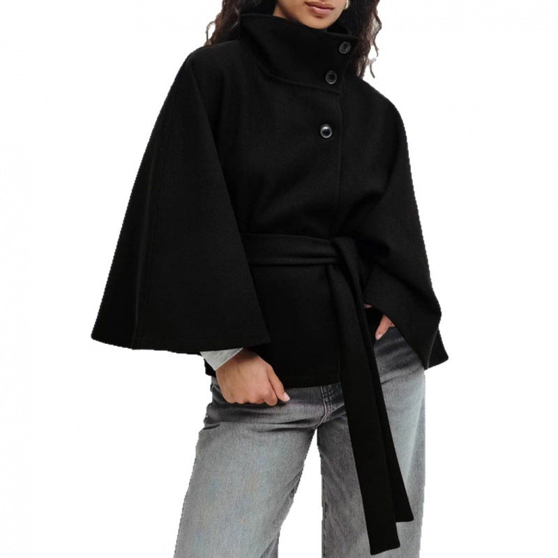 Damen Wollmantel im Cape‑Stil mit Stehkragen und Taillengürtel EB