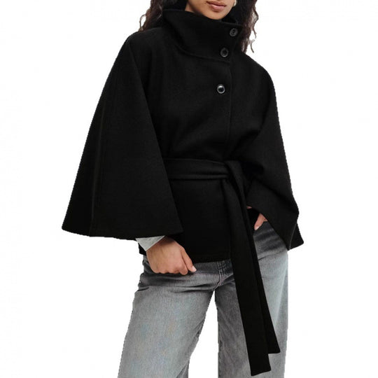 Damen Wollmantel im Cape‑Stil mit Stehkragen und Taillengürtel EB