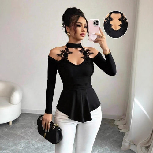 Damen nan schulterfreies Langarm-Top mit Chokerkragen, floralen Spitzenapplikationen und tailliertem Schößchen EB