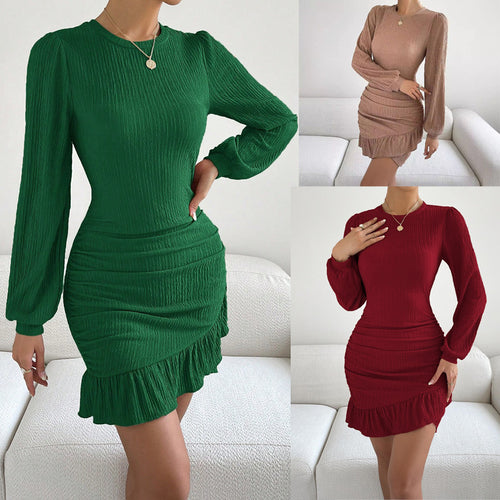 Damen figurbetontes Kleid mit Rüschensaum und langen Ärmeln EB