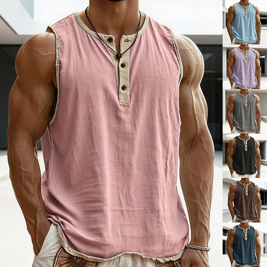 Herren nan ärmelloses Henley-Muskelshirt mit Knopfleiste und kontrastierter Einfassung EB