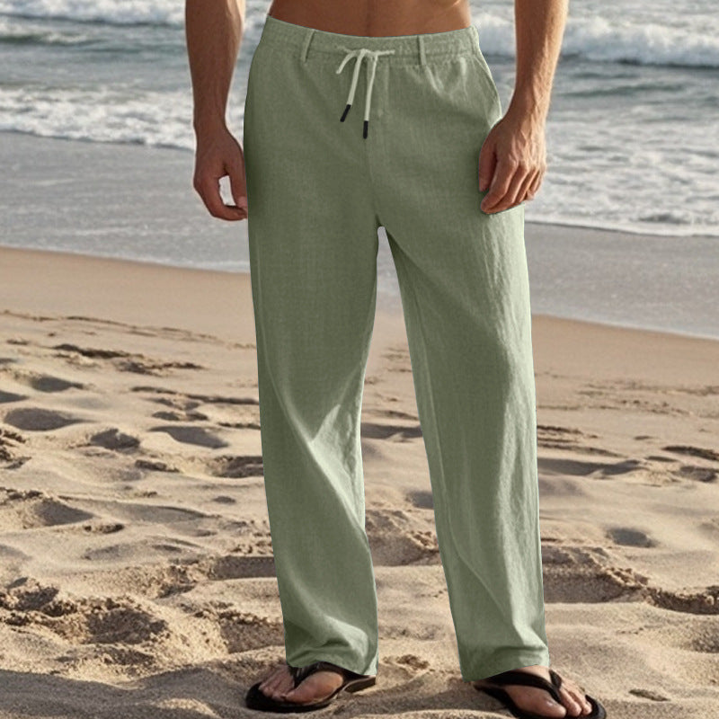 Herren nan leichte Leinen-Loungehose mit elastischem Tunnelzugbund, Kordelzug und weitem Bein EB
