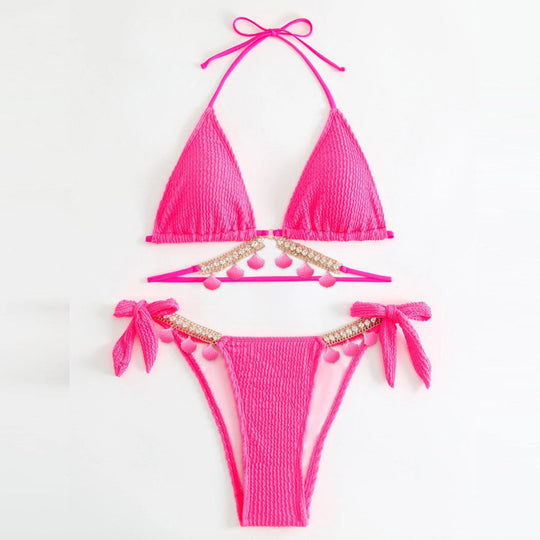 Damen Triangel-Bikini mit dekorativen Pompons und Glitterdetails EB