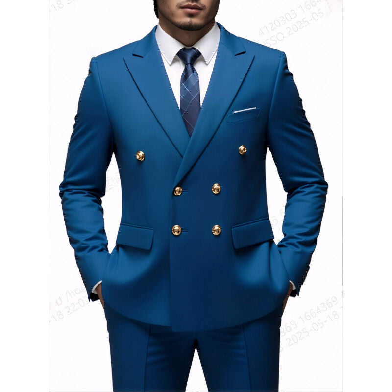 Herren nan doppelreihiger Slim-Fit Anzug mit goldenen Zierknöpfen und schmaler Businesshose EB