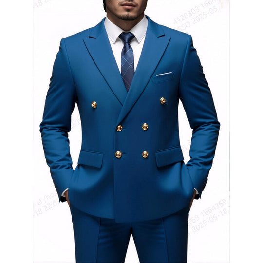 Herren nan doppelreihiger Slim-Fit Anzug mit goldenen Zierknöpfen und schmaler Businesshose EB