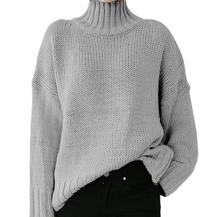 Damen Grober Strickpullover mit hohem Kragen und lässigem Schnitt EB