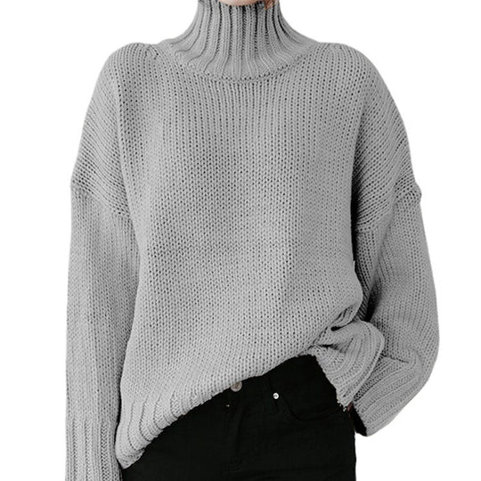 Damen Grober Strickpullover mit hohem Kragen und lässigem Schnitt EB