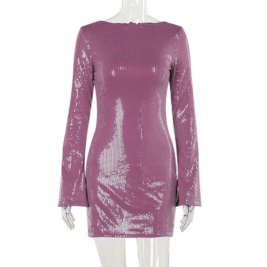 Damen elegantes Minikleid mit funkelnden Pailletten und langen Ärmeln EB