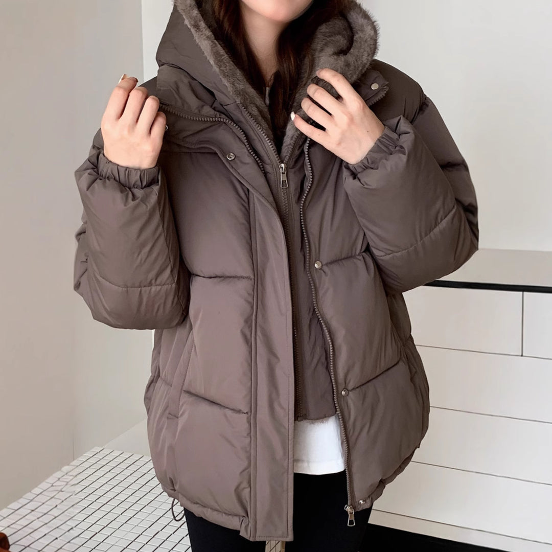 Damen Modische Pufferjacke mit abnehmbarem Kunstfellkragen und praktischen Taschen EB