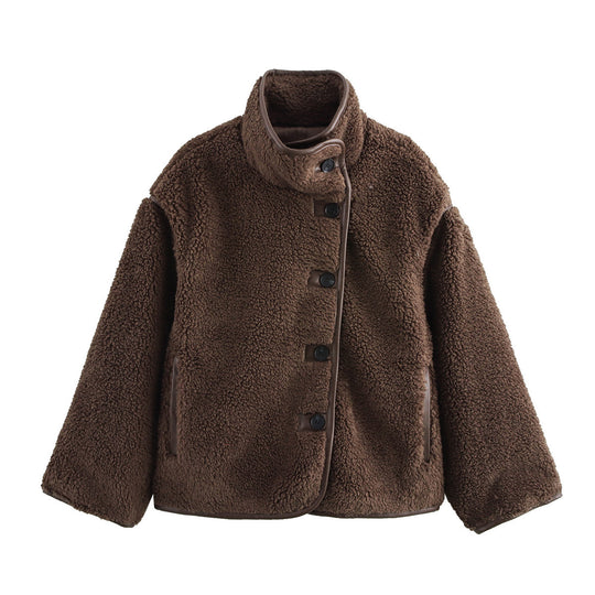 Damen kuschelige Fleecejacke mit hohem Kragen und dekorativen Knopfdetails EB