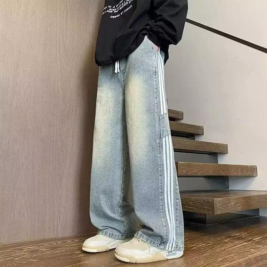 Herren weit geschnittene Denim-Hose mit seitlichen Streifen und Taschen EB