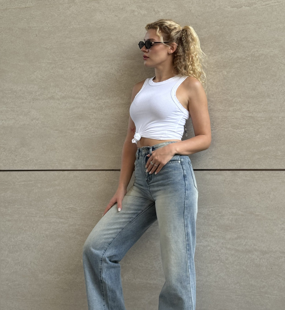 Damen Weite High-Waist Jeans im klassischen Vintage-Stil mit modernen Waschungen EB