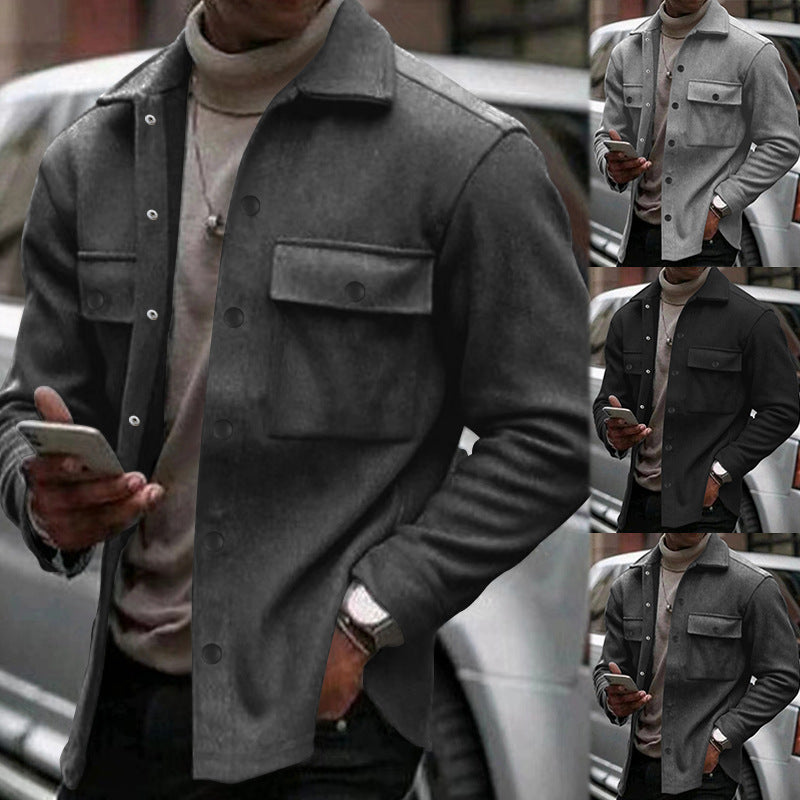 Herren nan modische Overshirt-Jacke in Filzoptik mit aufgesetzten Brusttaschen und sichtbarer Druckknopfleiste EB