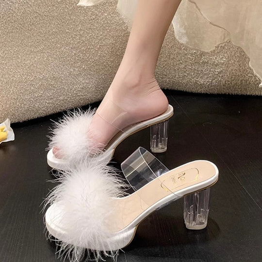 Damen Glamouröse Sommer Mules mit transparentem Riemen und plüschiger Verzierung EB