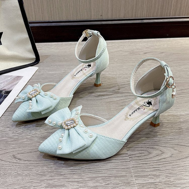 Damen eleganter Absatzschuh mit Schleife und Zierperlen EB