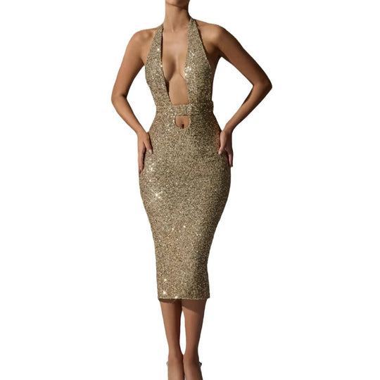 Damen Glamouröses Pailletten-Midi-Kleid mit tiefem V-Ausschnitt und figurbetonter Silhouette EB
