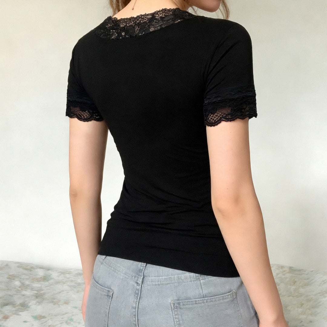 Damen Elegantes Spitzen-T-Shirt mit V-Ausschnitt und Kurzarm EB