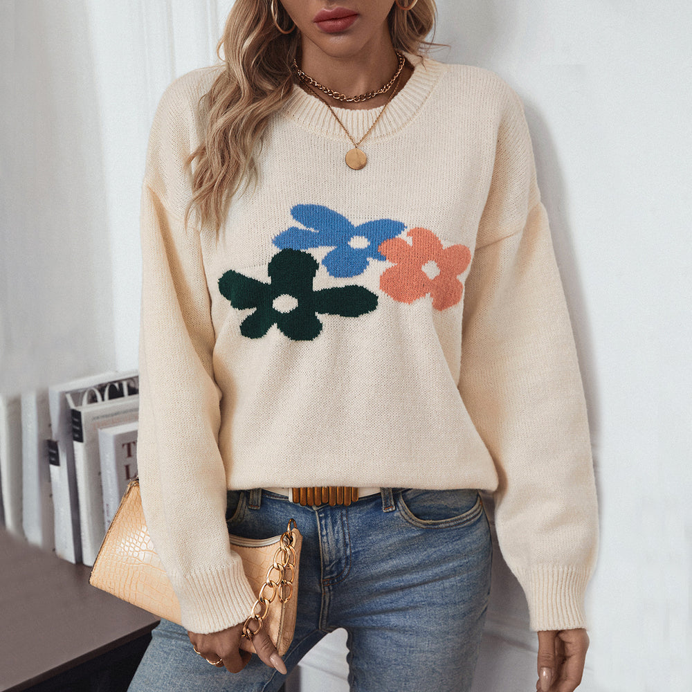 Damen lässiger Pullover mit floralen Motiven und Rundkragen EB