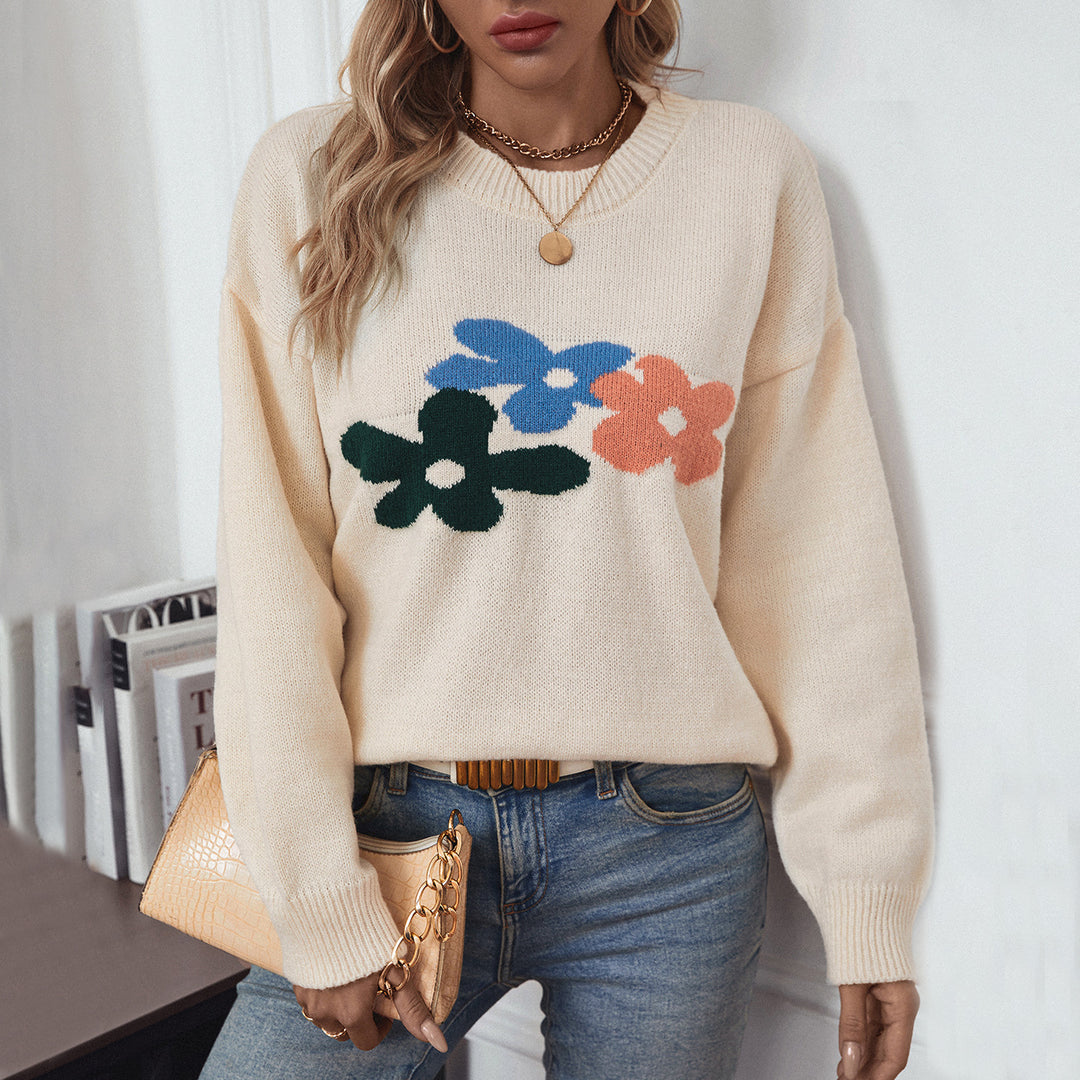 Damen lässiger Pullover mit floralen Motiven und Rundkragen EB