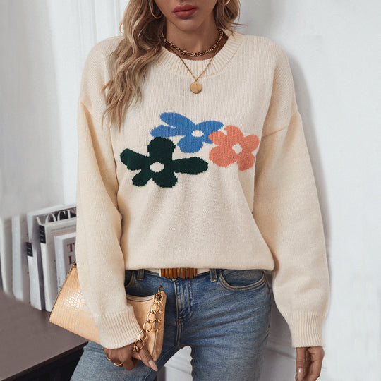 Damen lässiger Pullover mit floralen Motiven und Rundkragen EB