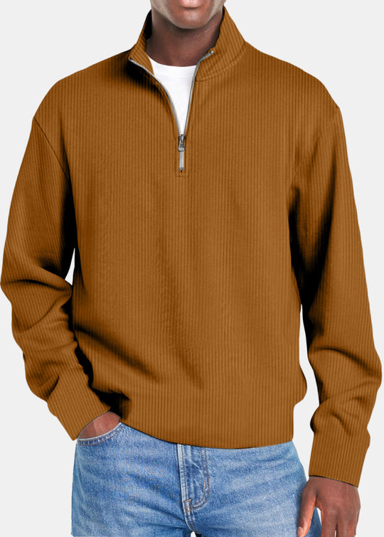 Herren nan gerippter Troyer-Pullover mit Halbzip und Stehkragen EB