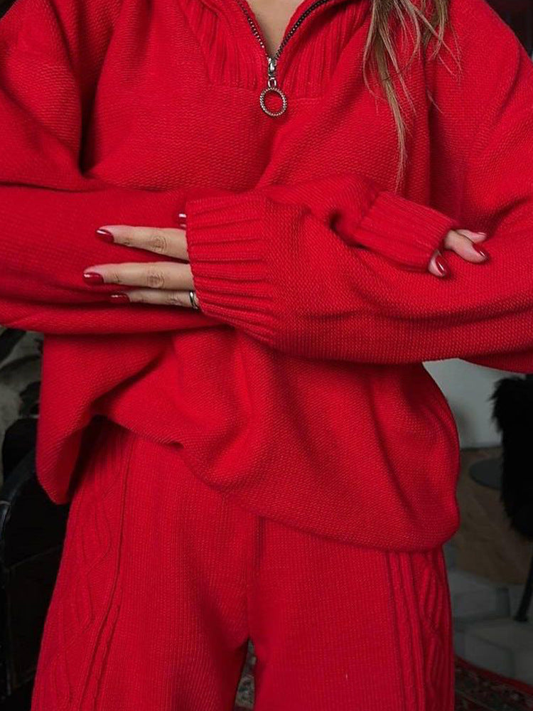 Damen Strick-Relax-Set mit halbem Reißverschluss, Oversize-Pullover und hochtaillierter Zopfmuster-Hose Eichborn Berlin