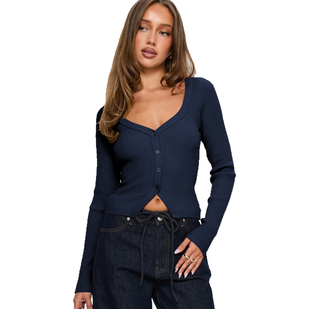 Damen Elegantes Ripp-Cardigan mit V-Ausschnitt und Knopfleiste EB