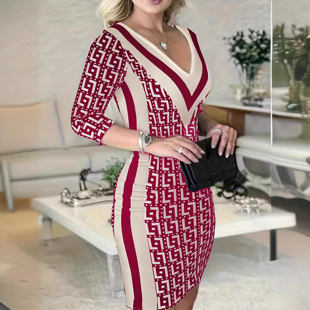 Damen Elegantes und figurbetontes Kleid mit grafischem Muster EB