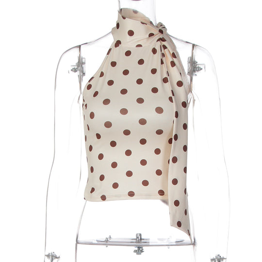 Damen asymmetrisches Polka-Dot-Top mit hohen Schnittlinien und elegantem Halterdesign EB