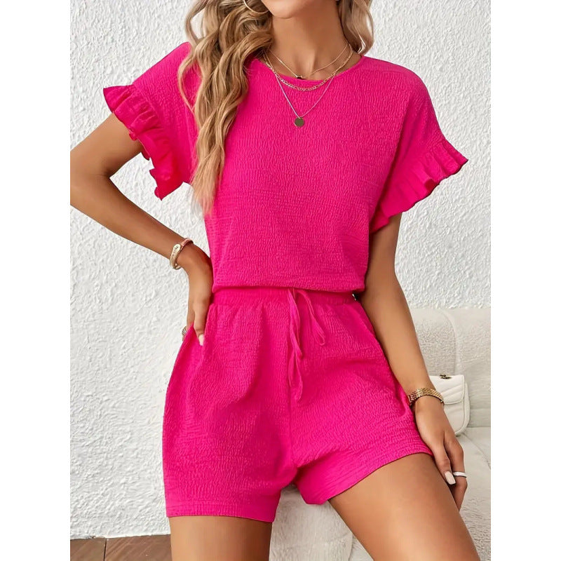 Damen lässiger Shortsanzug mit Rüschendetails und elastischem Taillenzug EB