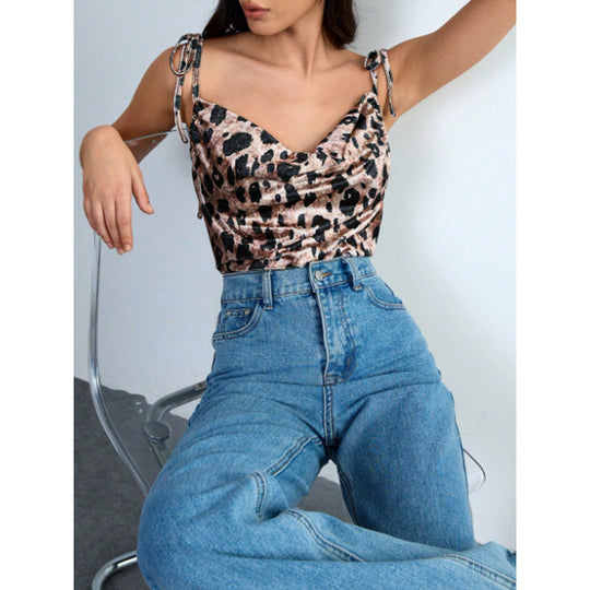 Damen Elegantes Leopardenmuster Spaghetti-Top mit gerafftem Detail EB