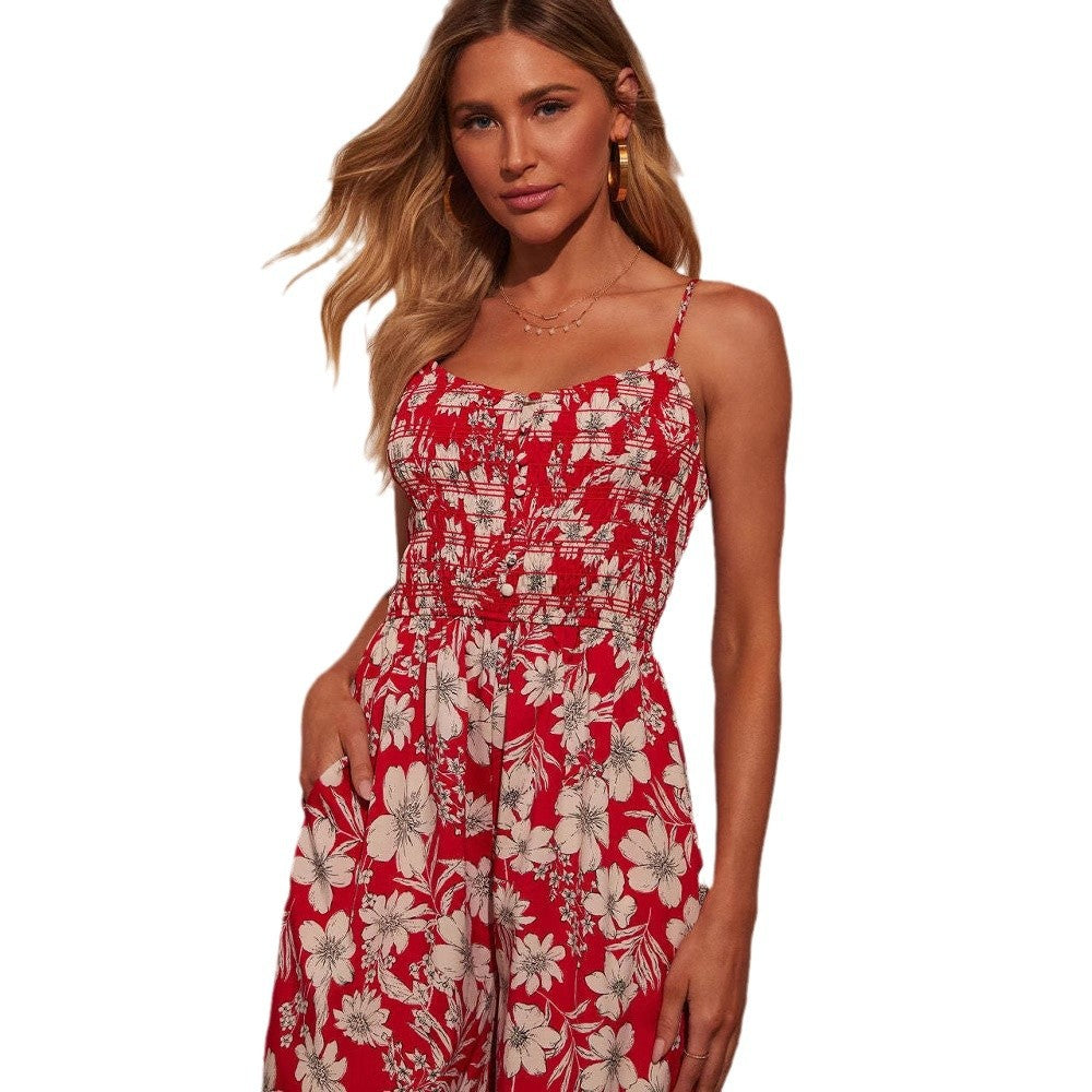 Damen Maxikleid mit floralem Design und elastischer Taille EB