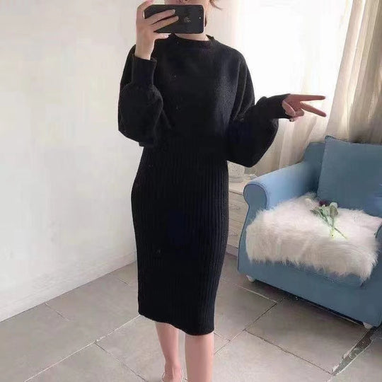 Damen Strickkleid mit kontrastierendem Oberteil und geripptem Rock EB
