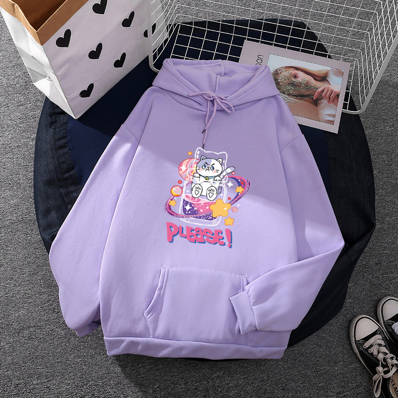 Damen nan oversized Kapuzenpullover im Streetstyle mit weichem Fleece-Innenfutter, Kängurutasche und farbenfrohem Cartoon-Katzen-Planet-Print EB