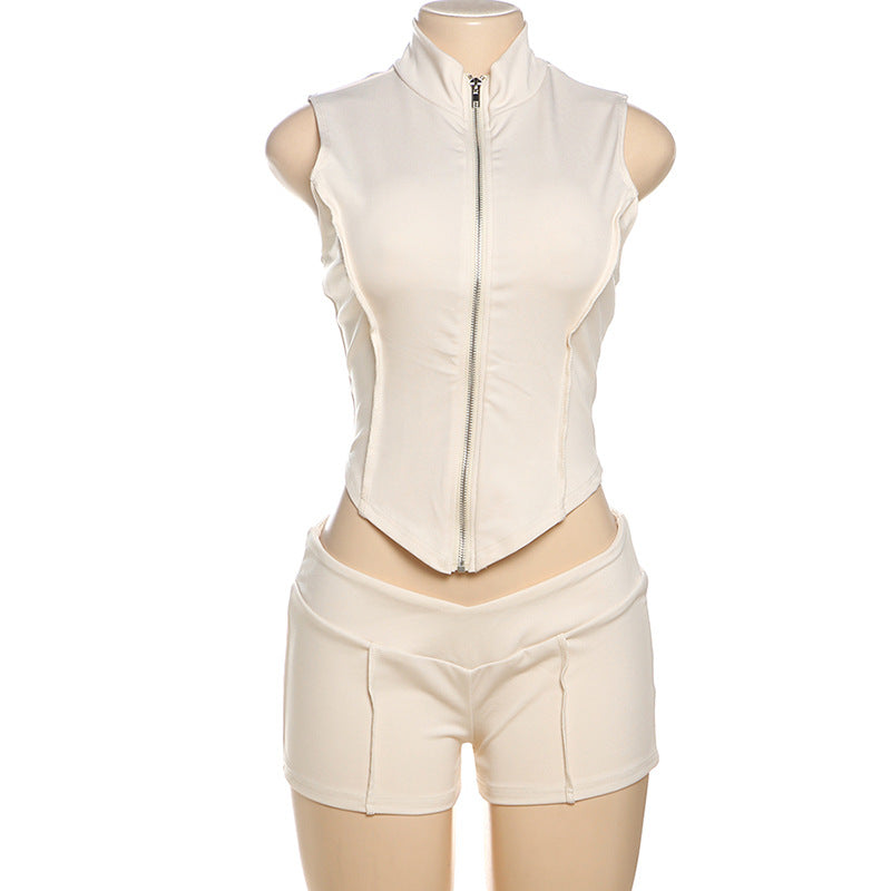 Damen Sportliches Zweiteiliges Set mit Stehkragen und kurzem Schnitt EB