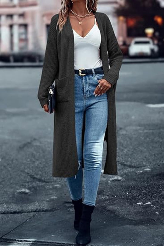 Damen Langer Strickmantel mit strukturiertem Design und praktischen Taschen EB