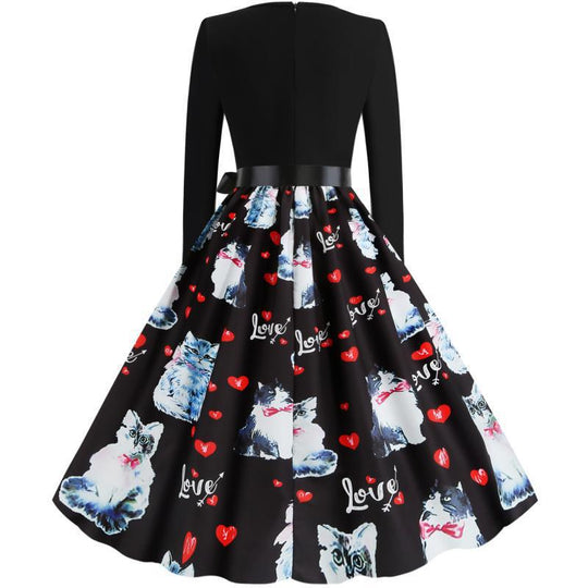 Damen Tailliertes Vintage-Swingkleid mit Satin-Taillenschleife, Langarm-Oberteil und printetem Tellerrock EB