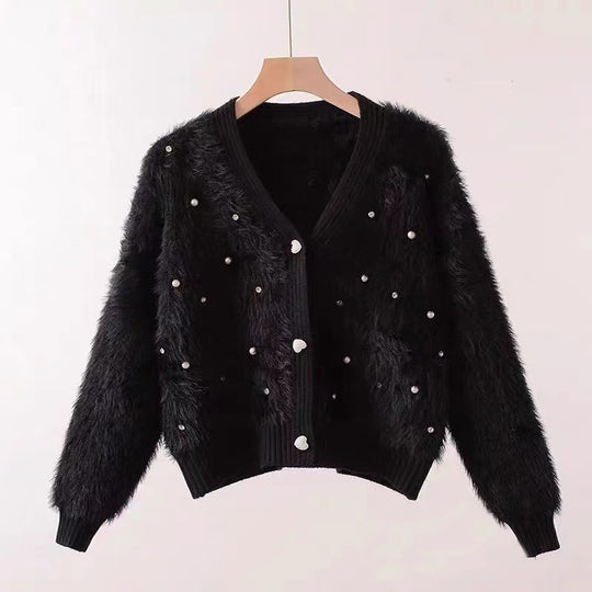 Damen Flauschiger Kurz-Cardigan mit dezenten Knopfdetails EB